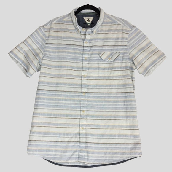 Vissla Button Down Shirt Mens Large Short Sleeve Blue Striped - Picture 1 of 12